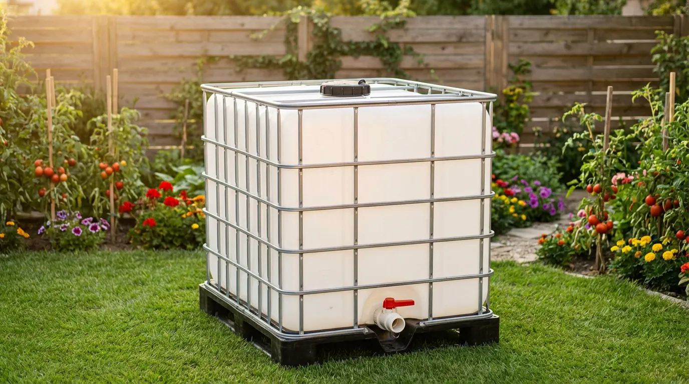 Cisterna za vodu 1000L IBC kontejner u bašti za navodnjavanje i sakupljanje kišnice
